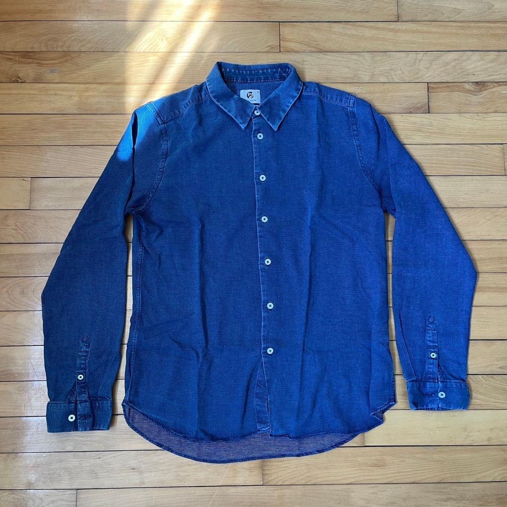Paul Smith Mens XL Slim Fit Indigo Blue Textured Long Sleeve Button Down Shirt